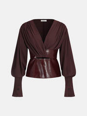Faux Leather Panel Lantern Sleeve Blouse