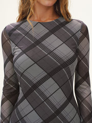Plaid Mesh Long Sleeve Maxi Dress without Belt