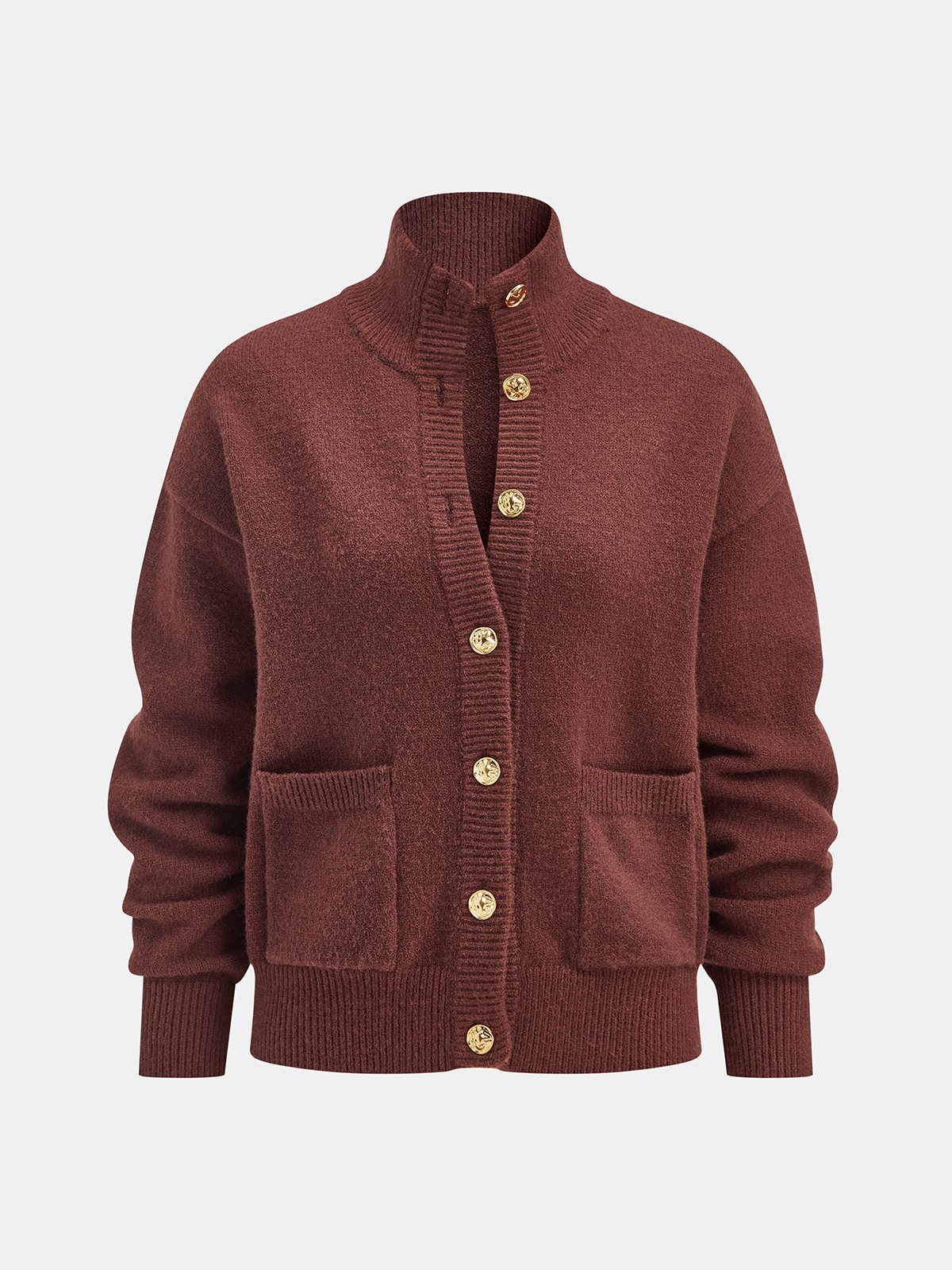 Metal Button Stand Collar Knit Cardigan