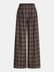 Plaid Wide-Leg Pants with Back Elastic Waist