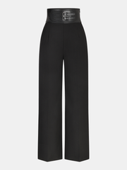 Faux Leather Waistband Straight-Leg Pants