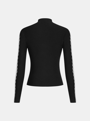Mock Neck Contrast Sleeve Ribbed Knit Top