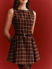 Belted Plaid Sleeveless Mini Dress