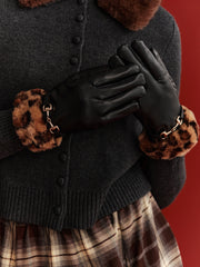 Leopard Faux Fur Cuff Faux Leather Gloves