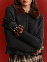 Leopard Faux Fur Cuff Faux Leather Gloves