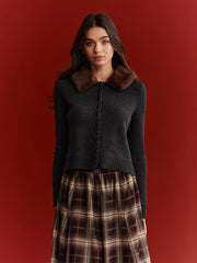 Faux Fur Collar Wool-Blend Cardigan