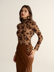 Floral Mesh Mock Neck Long Sleeve Top