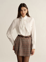 Lace-Trim Tie Neck Cotton Blouse