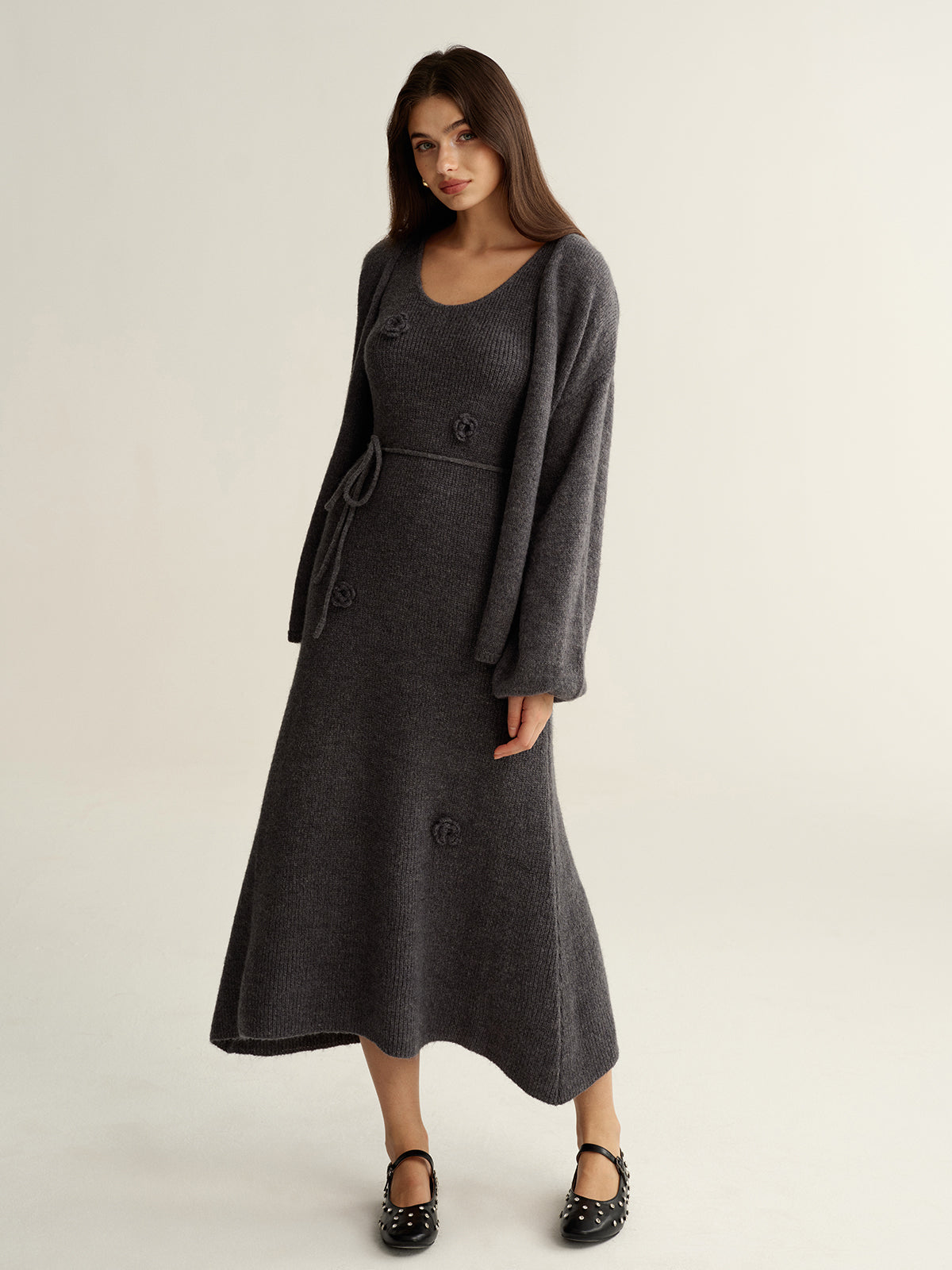 3D Floral Knit Dress & Cardigan Two-Piece Set