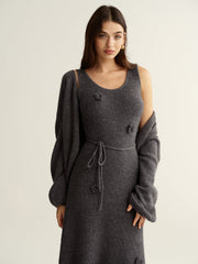 3D Floral Knit Dress & Cardigan Two-Piece Set