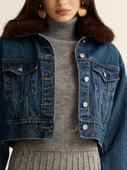 Faux Fur Collar Denim Cropped Jacket