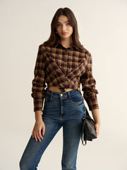 Knot Detail Button-Front Plaid Cropped Shirt