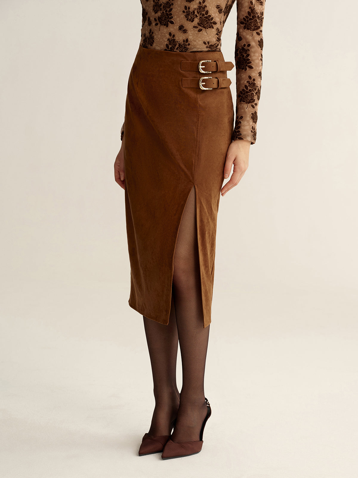 Buckle Detail Side Slit Suede Effect Maxi Skirt