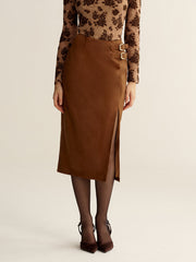 Buckle Detail Side Slit Suede Effect Maxi Skirt