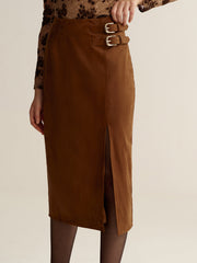 Buckle Detail Side Slit Suede Effect Maxi Skirt