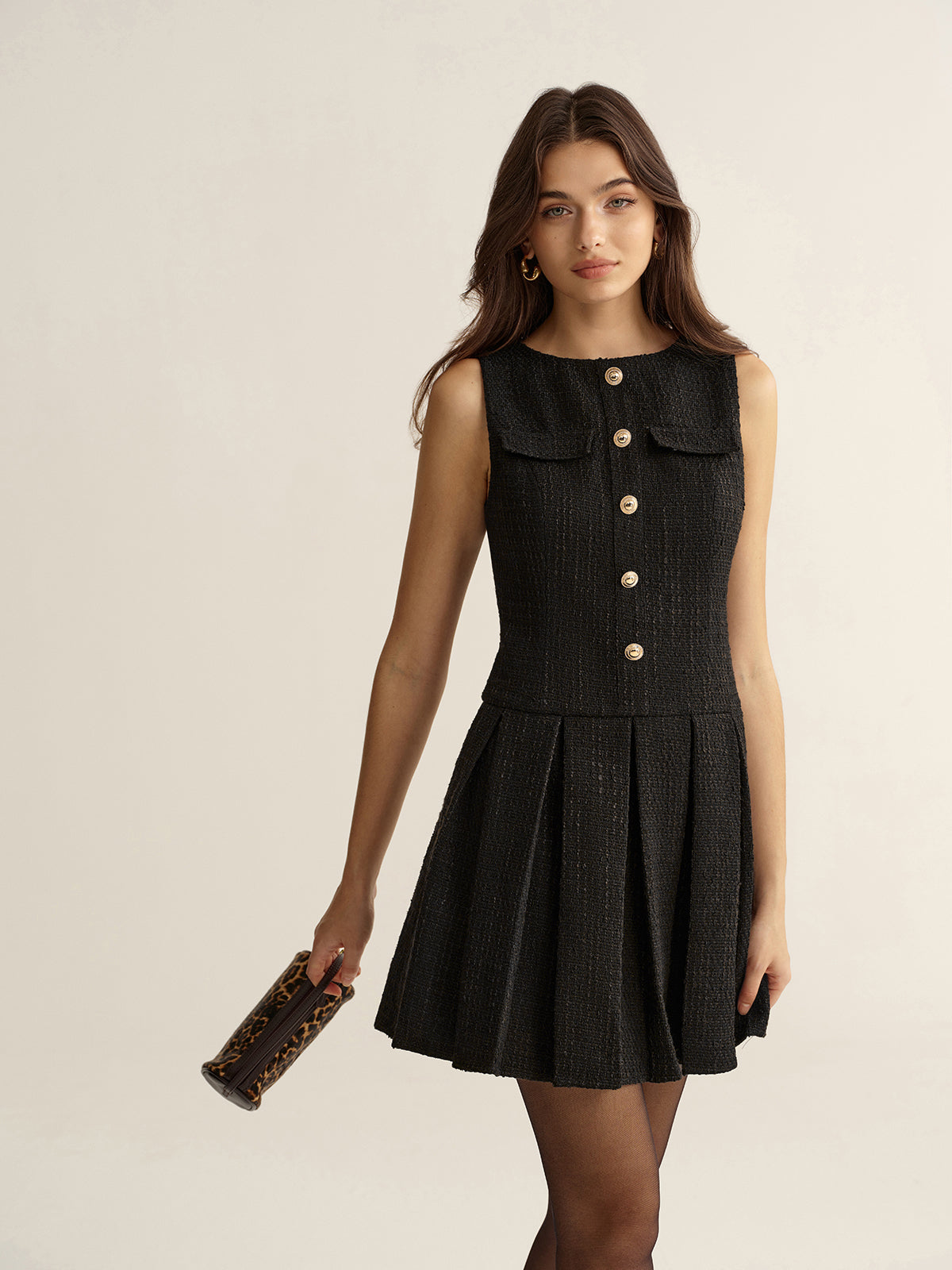Metal Detail Tweed Pleated Mini Dress