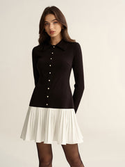 Contrast Pleated Hem Collared Mini Dress