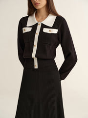 Contrast Trim Knit Top and Pleated Skirt Set