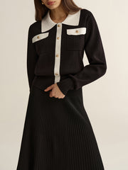 Contrast Trim Knit Top and Pleated Skirt Set