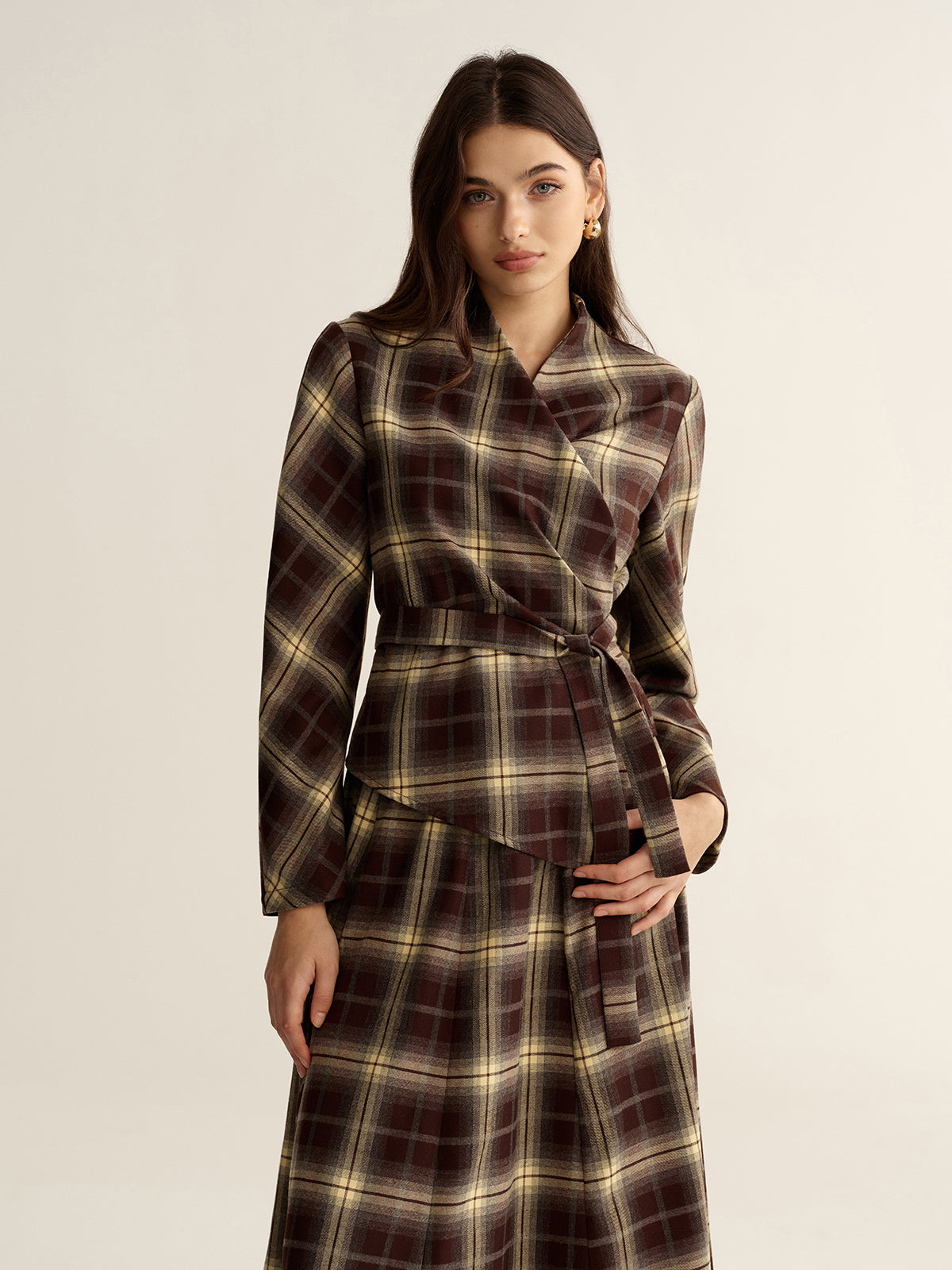 Asymmetric Plaid Wrap Fitted Shirt