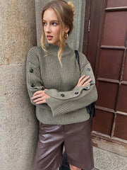 Mock Neck Button-Detail Sleeve Sweater