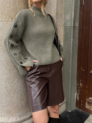Mock Neck Button-Detail Sleeve Sweater