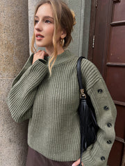 Mock Neck Button-Detail Sleeve Sweater