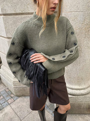 Mock Neck Button-Detail Sleeve Sweater