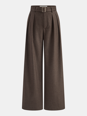 Belted Pinstripe Mid-Waist Wide-Leg Pants