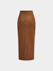 Draped Slit Suede Effect Midi Skirt