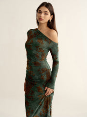 Floral Jacquard One-Shoulder Maxi Dress