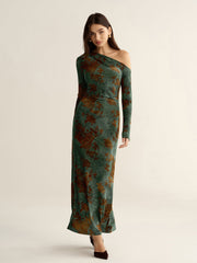 Floral Jacquard One-Shoulder Maxi Dress