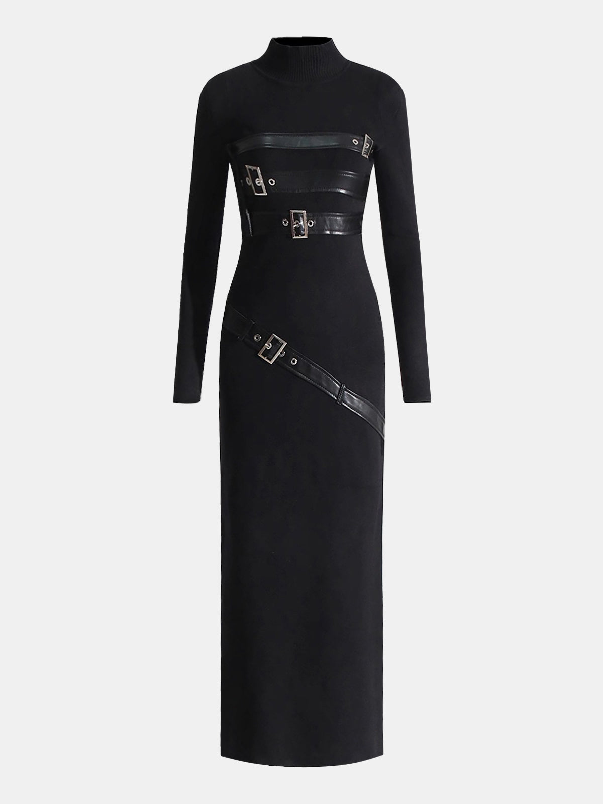 Faux Leather Panel Mock Neck Knit Maxi Dress