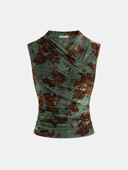 Floral Jacquard Ruched Sleeveless Top