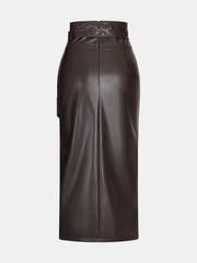 Belted Faux Leather Ruched Slit Midi Skirt