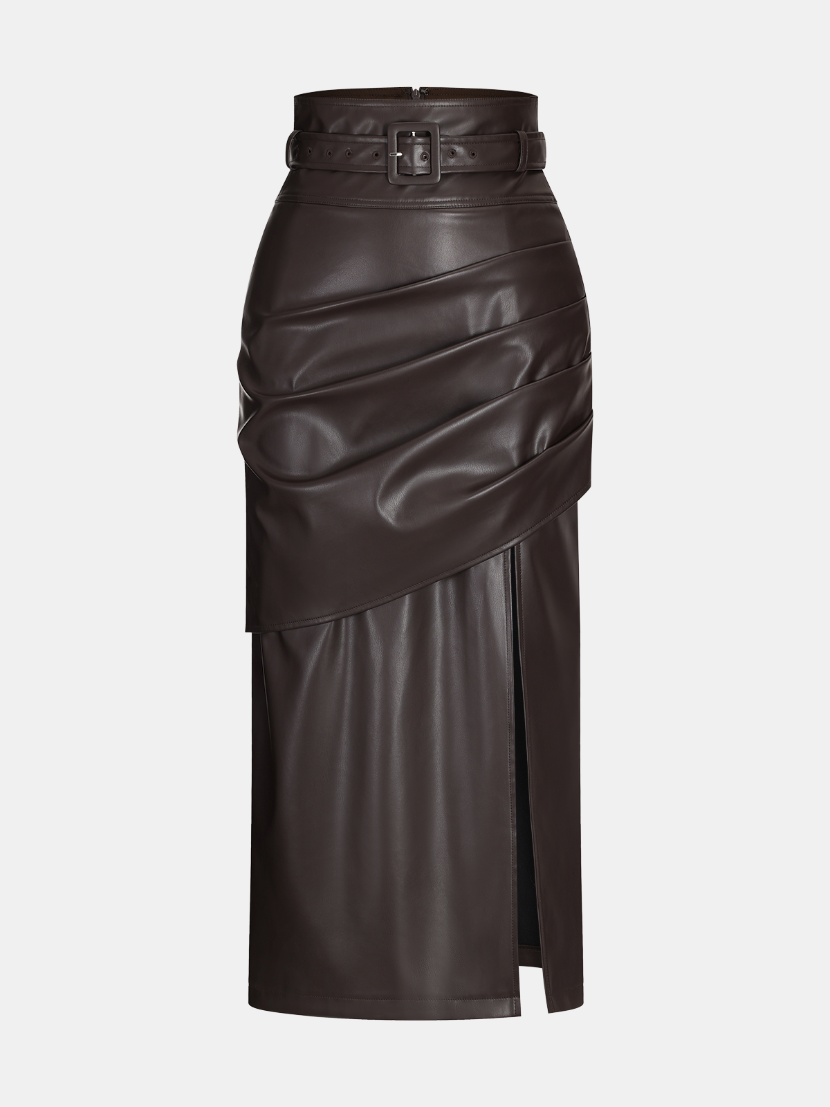 Belted Faux Leather Ruched Slit Midi Skirt