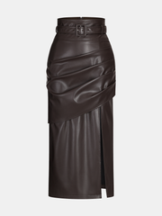 Belted Faux Leather Ruched Slit Midi Skirt