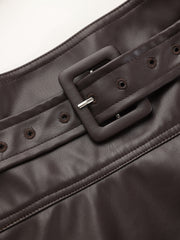 Belted Faux Leather Ruched Slit Midi Skirt