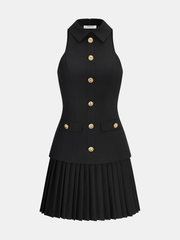 Pleated Panel Collared Sleeveless Mini Dress