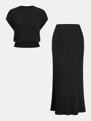 Knit Cap Sleeve Top and Midi Skirt Set