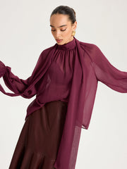 Scarf Neck Semi-Sheer Chiffon Blouse