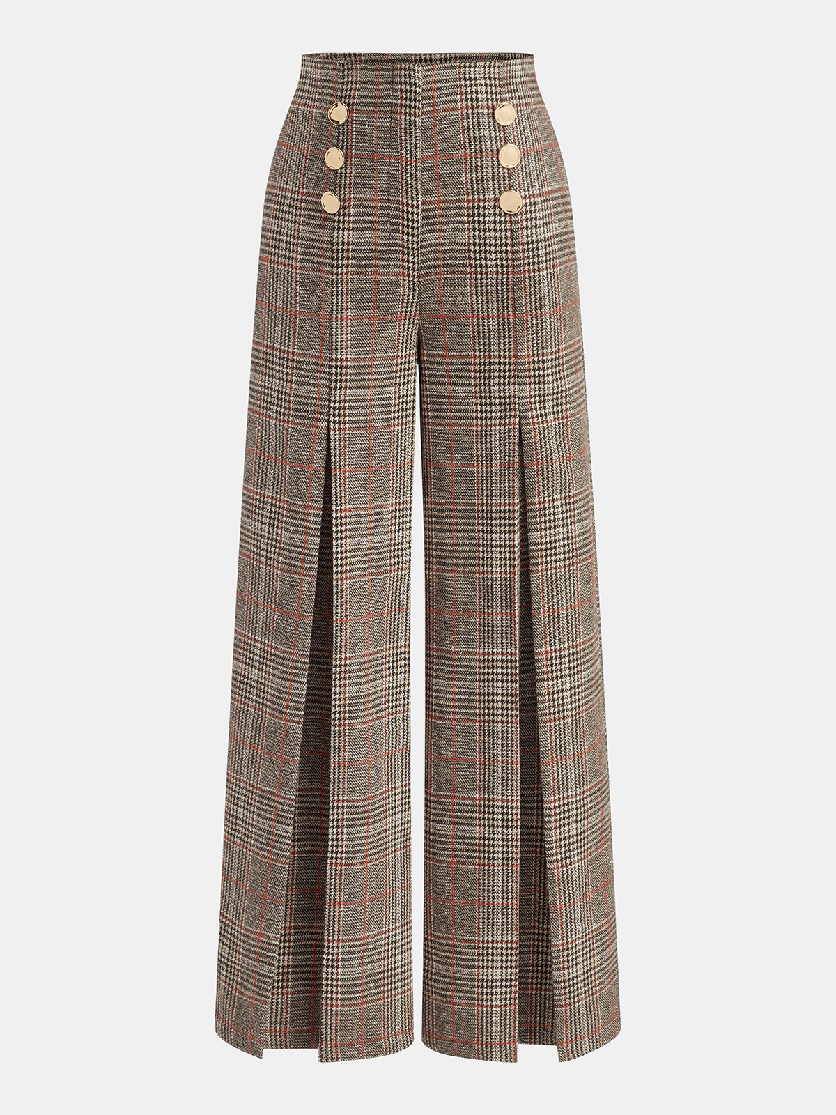 Metal Detail Slit Plaid Wide-Leg Pants