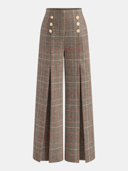 Metal Detail Slit Plaid Wide-Leg Pants