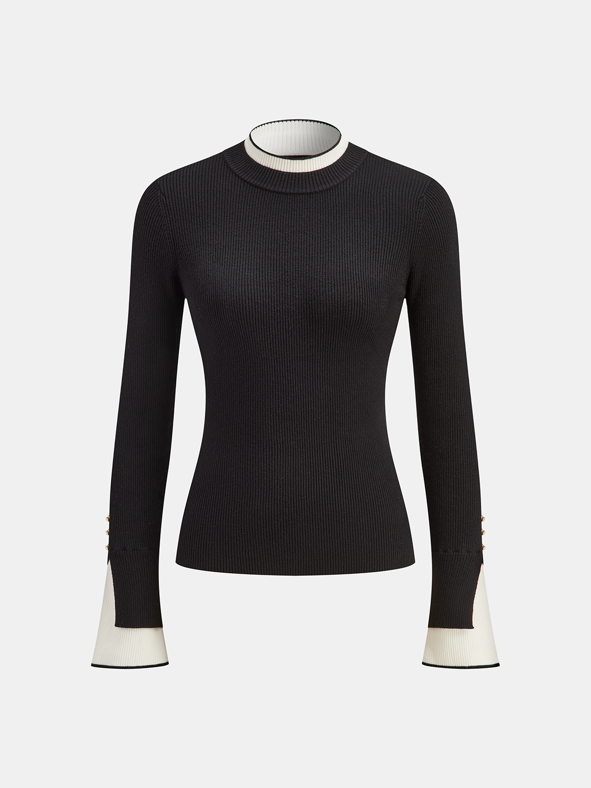 2 in 1 Contrast Cuff Mock Neck Ribbed Knit Top