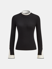 2 in 1 Contrast Cuff Mock Neck Ribbed Knit Top