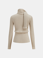 Button-Front Ribbed Knit Cardigan with Scarf