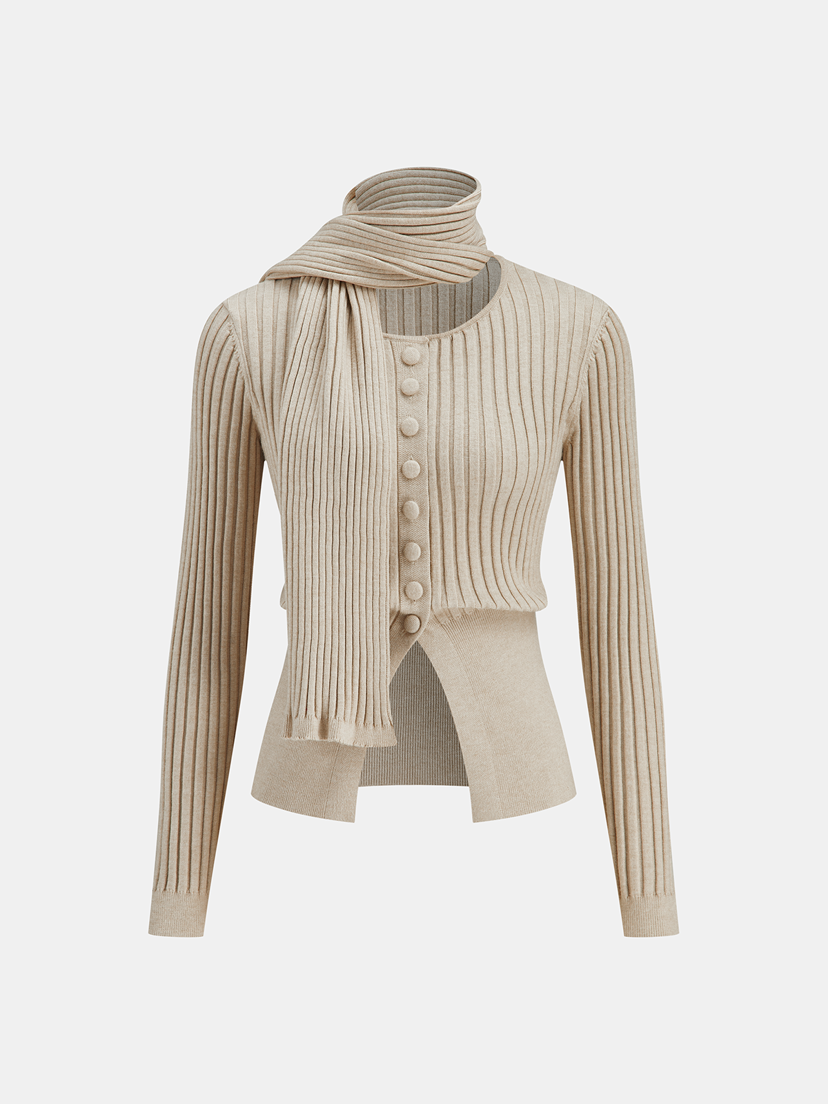 Button-Front Ribbed Knit Cardigan with Scarf