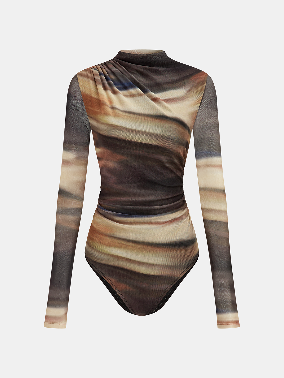Mock Neck Abstract Print Mesh Bodysuit