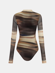Mock Neck Abstract Print Mesh Bodysuit