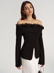 3D Rose Lace Trim Off-Shoulder Top